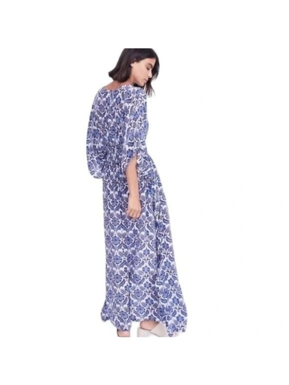 Rujuta Sheth x Anthropologie Marie White Blue Lotus Maxi Kaftan Dress - S / M - Picture 3 of 8